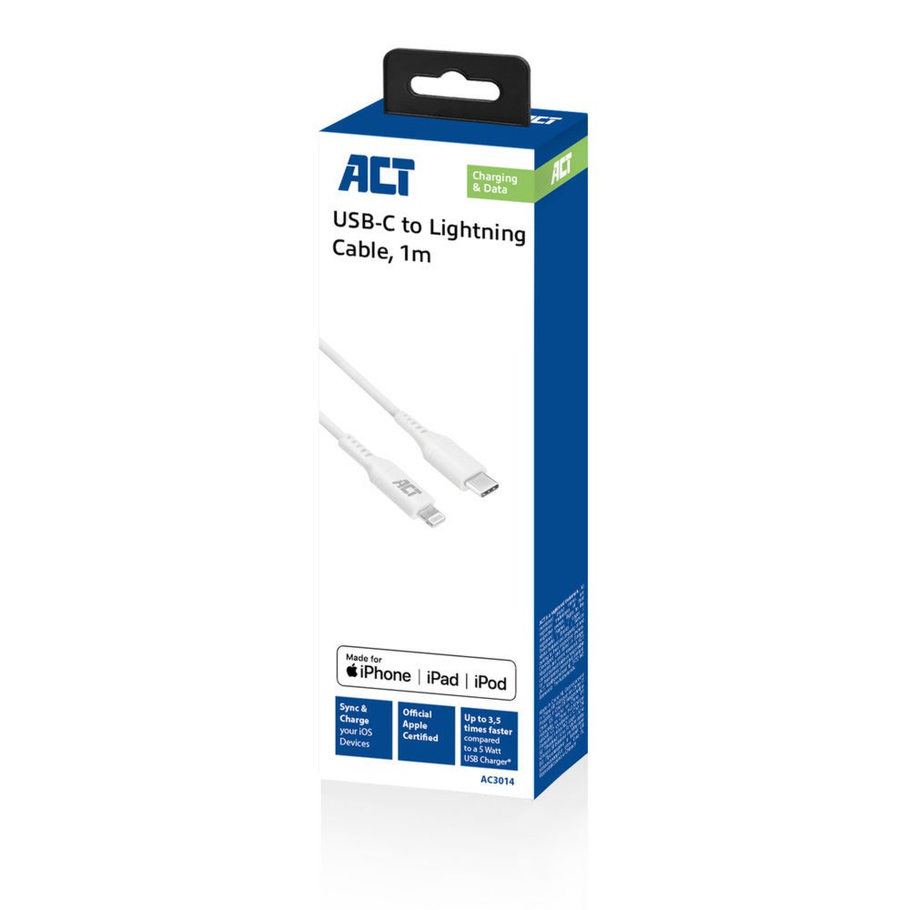 ACT AC3014 Lightning-kabel 1 m Wit 2