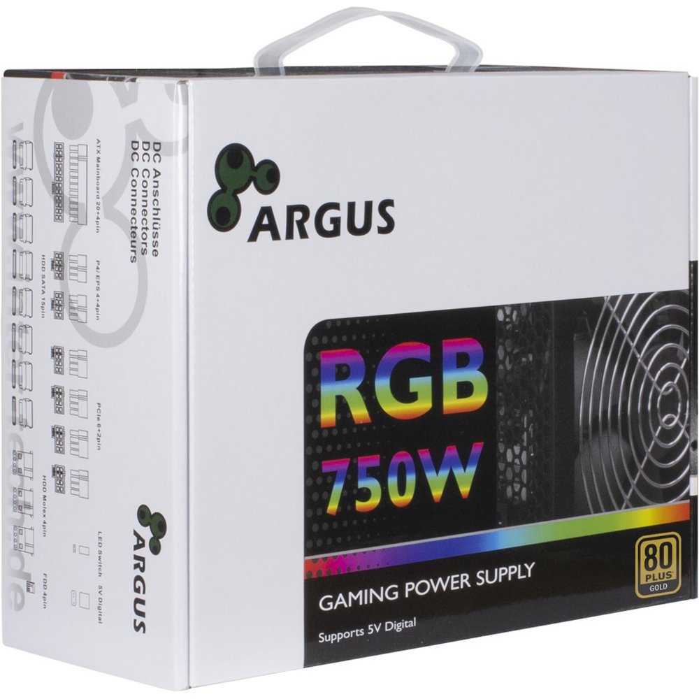 PSU Inter-Tech Argus RGB-750W 80+ Gold Semi modulair ATX Zw. 3