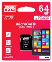 Goodram Micro SD + Adapter 64GB Class10 UHS I